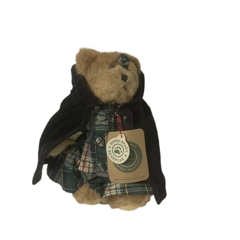 Boyd's Bear Bailey Green Plaid Black Cape Vintage Retired 1994 Brown Tag